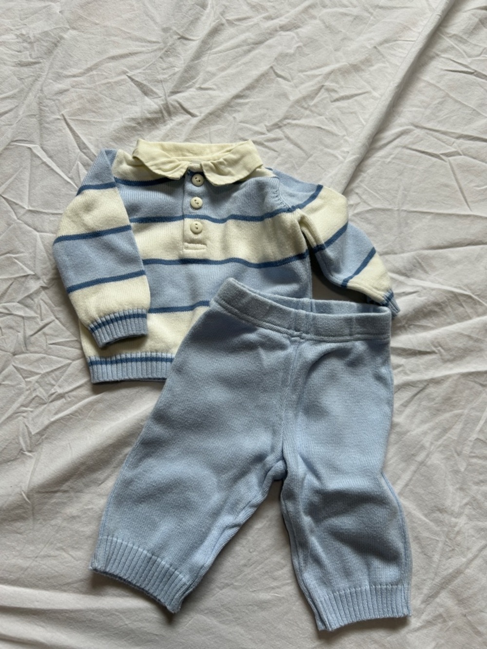 Newborn 0-3 Months Striped Collared Baby Knit Set in Pale Blue & Cream